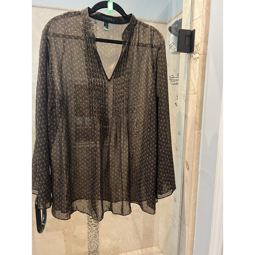 Lauren Ralph Lauren Geo Print Sheer Brown Black Boho Tunic Top 2X
